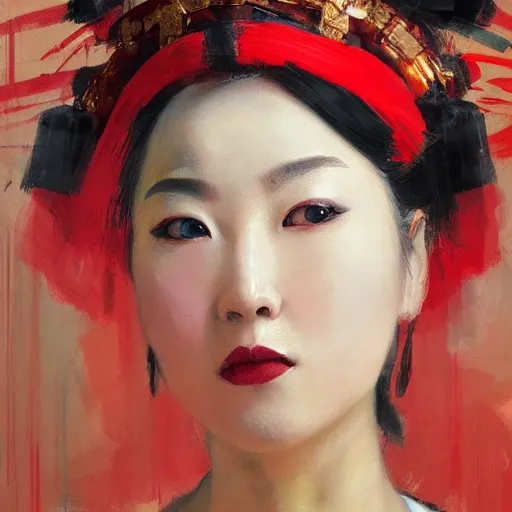 Prompt: spontaneous portrait under painting of a lady in chinese opera headdress, beautiful juicy brush strokes, by richard schmid and sargent, dark, black and red, trending on cgsociety, expressionism