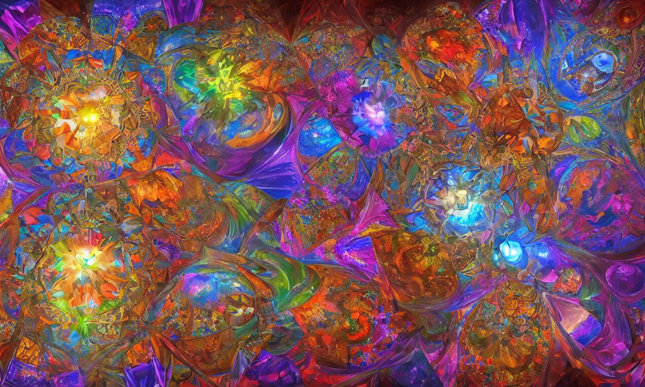 Image similar to voronoi engine laboratory 3 d volume kaleidoscope mandala fractal chakra digital multicolor stylized concept substance by artgerm, rossdraws, norman rockwell, magali villeneuve, gil elvgren, alberto vargas, earl moran, enoch bolles radiating a glowing aura global illumination ray tracing hdr