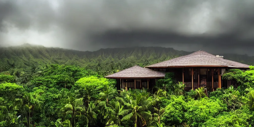 Prompt: atomic mushroom cloud over a Hawaiian villa in the middle of an tropical forest, ominous Sky, gloomy atmosphere, cinematic, mist, High definition, 8k, ultra detailed