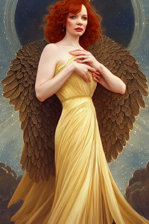 Image similar to a portrait of an angel christina hendricks wearing a golden dress, upper body, concept art, deep focus, sky, heaven, clouds, intricate, highly detailed, digital painting, artstation, matte, sharp focus, illustration, art by greg rutkowski and alphonse mucha