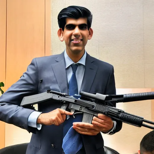 Prompt: Medium shot photograph of Rishi Sunak politician holding an AK-47, 8k, ultrahd