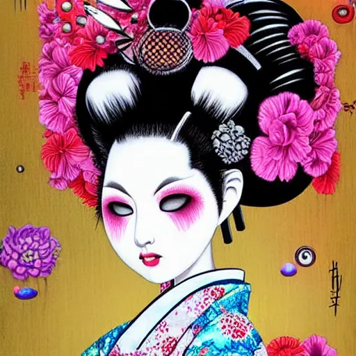 Image similar to Geisha punk girl with a futuristic hairstyle, floral background with black scribbles and wiggles, lowbrow painting by Mark Ryden