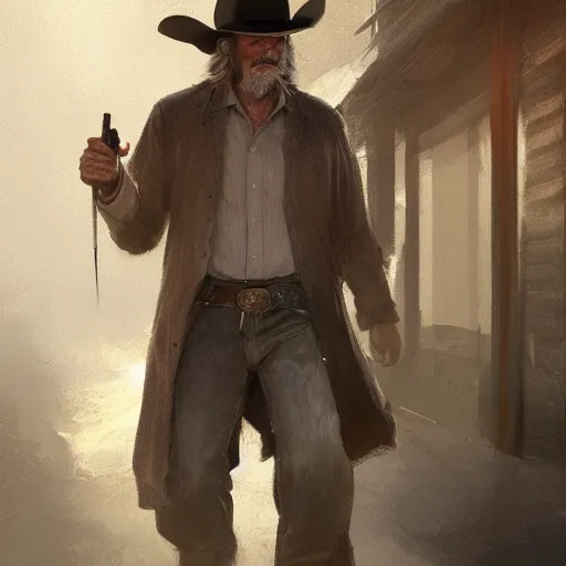 Prompt: portrait of a man with a long duster, grey hair and a cowboy hat walking in an old west town, harsh good looking face, middle aged, drawn by ruan jia, disco elysium style, fantasy art, dramatic lighting, digital art, 8 k, highly detailed