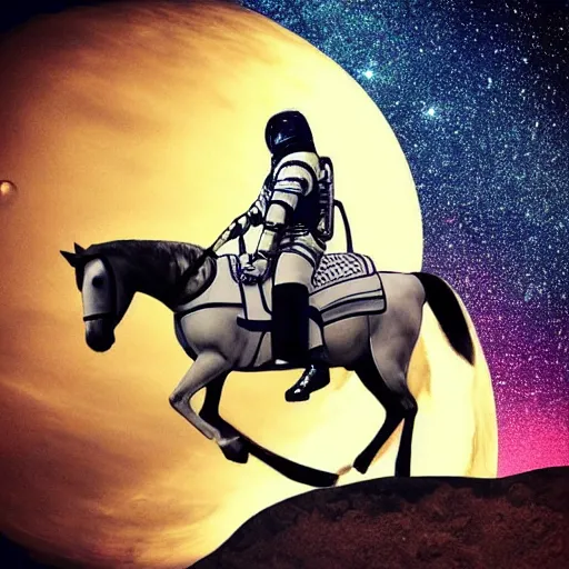 Image similar to “ an dappled horse riding a horse in astronaut suit above venus cloud ”