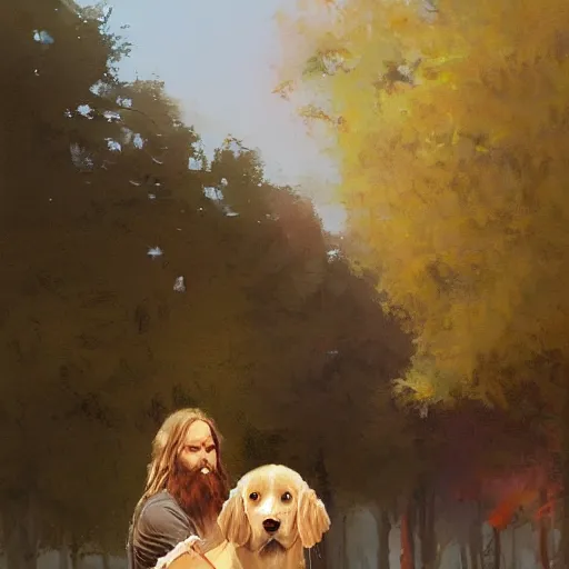 Prompt: oil painting of a young man with long hair blond and a beard hippie style painting on a golden retriever, people watching around, by greg rutkowski, artstation