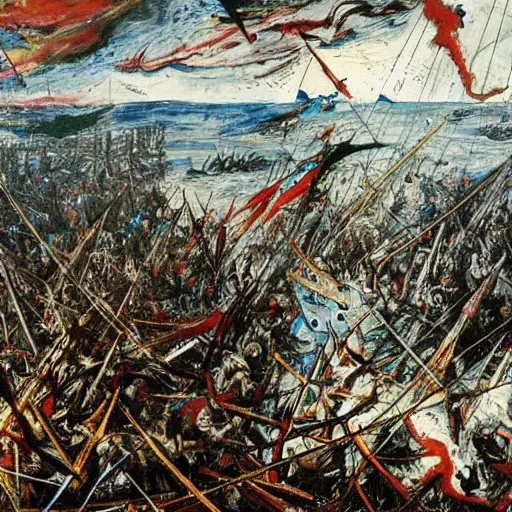 Image similar to battle of cape ecnomus, in the style of jackson pollock