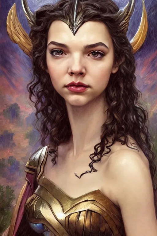 Image similar to A fantasy comic book style portrait painting of, hybrid of Gal Gadot, Anya Taylor-Joy, as a Mystical Valkyrie, a beautiful female Reptilian warrior, Regal, Realistic, Refined, Detailed Digital Art, Josephine wall, Oil Painting, William-Adolphe Bouguereau, Art Frahm, Esao Andrews, Steampunk, Walt Disney (1937), Highly Detailed, Cinematic Lighting, Unreal Engine, 8k, HD