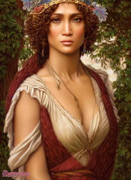 Prompt: J-Lo as nobility, beautiful detailed eyes, cute, fantasy, intricate, elegant, highly detailed, digital painting, 4k, HDR, concept art, detailed jewelry, smooth, sharp focus, illustration, art by John William Godward