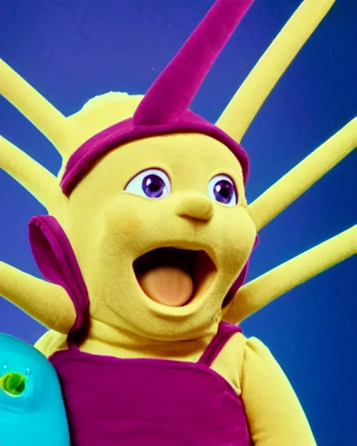 Image similar to a still from a 1 9 9 0 s cgi children's show, teletubbies, children's show character, non - human, menacing, portrait, studio lighting, yelling, film grain, 4 k