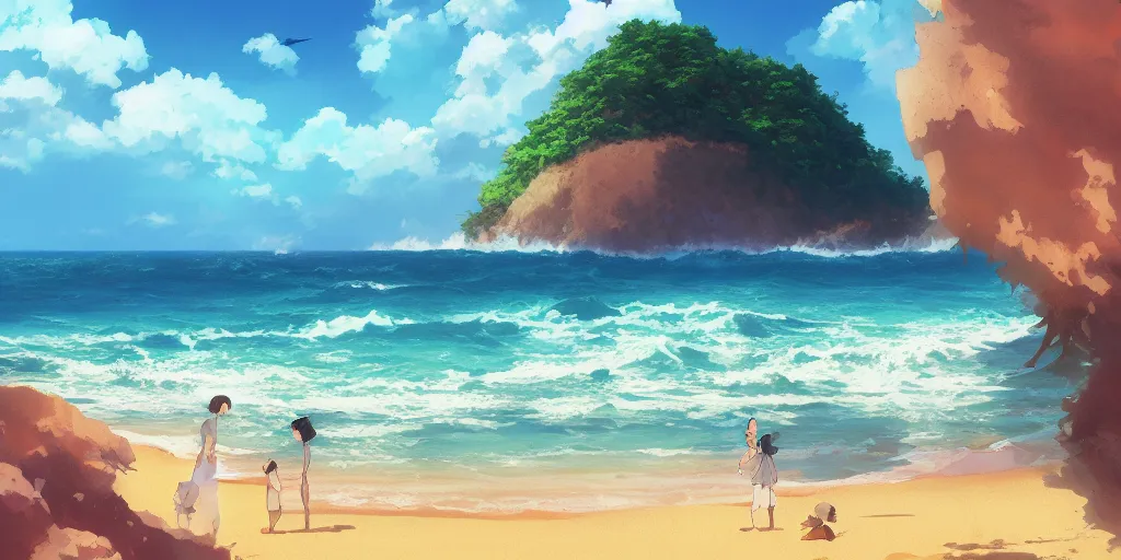 Image similar to a beach, cinematic angle, studio Ghibli, by Mokoto Shinkai, volumetric lighting, breathtaking, beautiful composition, elegant, digital art, detailed, oil painting, hyperrealistic, sharp focus, 8k