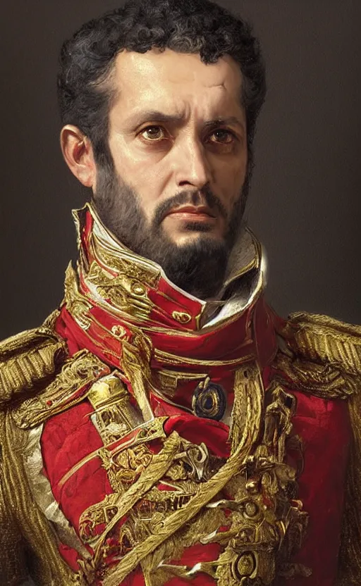 Prompt: official Portrait of a middle-aged napoleonic King, Hispanic, male, detailed face, 19th century, highly detailed, cinematic lighting, digital art painting by greg rutkowski