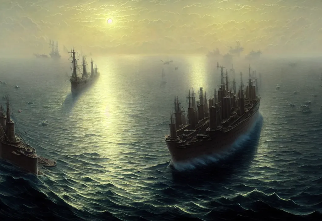 Prompt: enormous gigantic steel ship - shaped fortress - city sailing across an icy cold ocean. masterpiece, cinematic, hyperdetailed, photorealistic, hyperrealism, octane rendering, depth of field, bokeh, architecture, shadows, aerial view, art by ivan aivazovsky, geof darrow