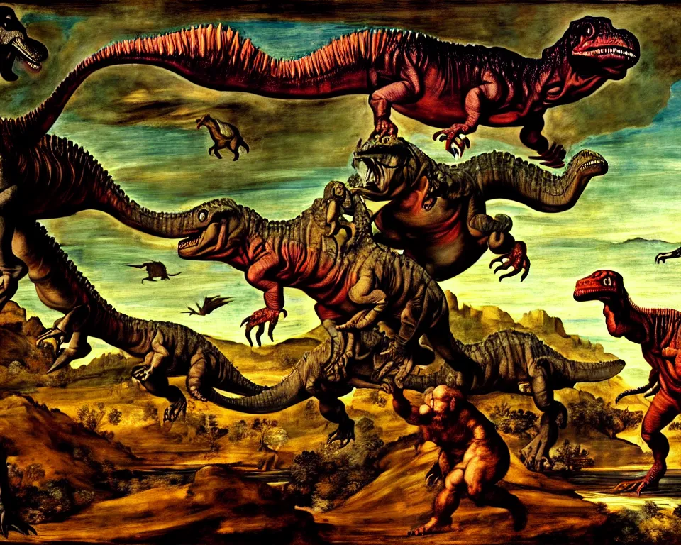 Image similar to the extinction of the dinosaurs by Raphael, Goya, and Tintoretto. detailed, trending on artstation.