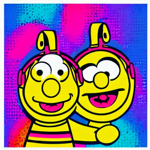 Image similar to svg sticker of a Pop-Wonder Bert&Ernie, Sesame-Street, at a rave, spinning records, giant headphones rocking out, wearing headphones, huge speakers, dancing, rave, DJ, spinning records, digital art, amazing composition, rule-of-thirds, award-winning, trending on artstation, featured on deviantart