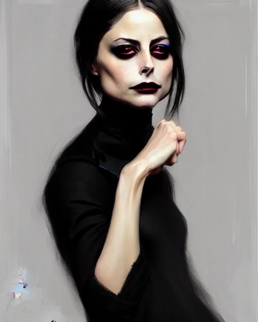 Prompt: style of jeremy lipking, artgerm : : gorgeous willa holland : : evil witch, swirling black magic, black dress : : symmetrical face, symmetrical eyes : : full body pose : : gorgeous black hair : : magic lighting, low spacial lighting : :