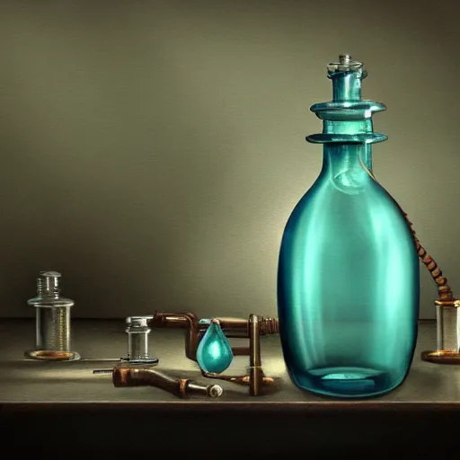 Prompt: a painting of a steampunk mechanical vintage aquamarine colored potion bottle on a counter in a lab by h. r. giger, hyperrealistic fantasy art, concept matte, ethereal, dreamy, digital art, trending on artstation, volumetric cinematic lighting