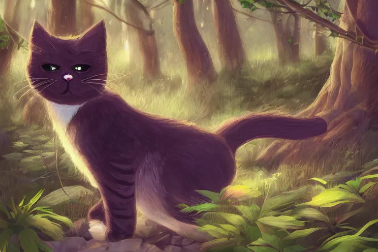 Image similar to cat in the forest, frontlighting, digital art, trending on artstation, fanart, by kawacy