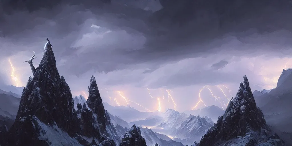 Image similar to snowy mountain trail, craggy peaks at night, lightning sky lit up, style of greg rutkowski, ominous sky, wizard battling a giant, 8 k resolution, intensely detailed oil painting, highly detailed illustration, photorealistic illustration,