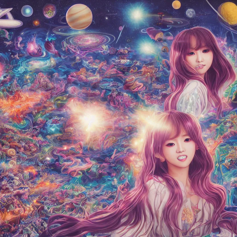 Prompt: a photorealistic detailed superzoom image of a jpop idol in saturn, spiritualism, wordly, utopian, triumphant, cinematic, epic, grandiose, unhinged, biology, surrealistic, by jason felix, dan mumford, kinkade, lisa frank, lois van baarle, ross tran, wpa, public works mural, orthodoxy