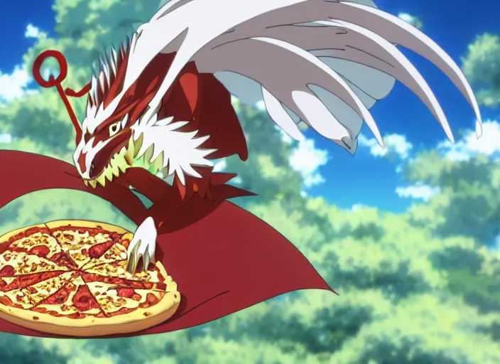 Prompt: anime film still of a dragon eating a pizza, 8 k