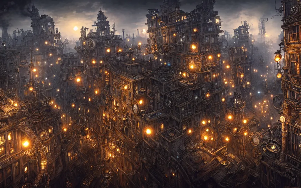 Image similar to an ultra wide angle view of a steampunk city made of clockwork, steamy, ominous, an ultrafine hyperdetailed illustration by kim jung gi, irakli nadar, intricate linework, octopath traveler, final fantasy, unreal engine 5, highly rendered, global illumination, radiant light, detailed and intricate environment