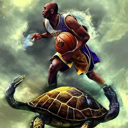 Image similar to kobe bryant riding on a turtle in heaven, amazing digital art, amazing detail, fantasy art, artstatiom, cgsociety, epic art