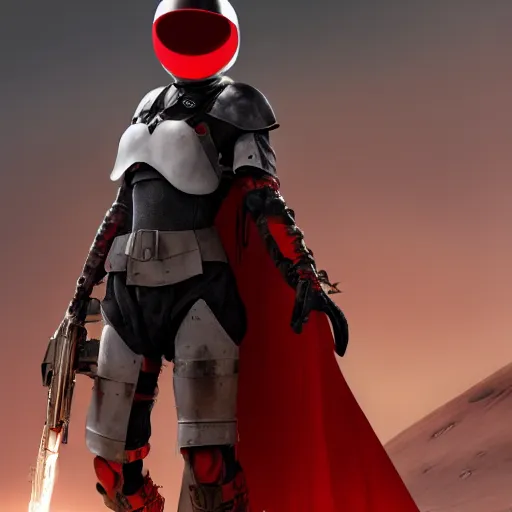 Image similar to a young female soldier with soot stained face, no makeup, in glossy sleek white bloodstained dinged scuffed armor , long torn red cape, heroic posture, determined expression, no helmet, on the surface of mars, dramatic lighting, cinematic, sci-fi, hyperrealistic, detailed