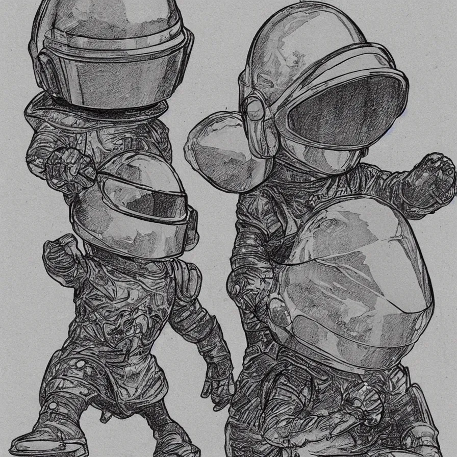 Prompt: sketch of a cute chibi dnd daft punk gnome wearing a helmet, dancing, etching by louis le breton, moebius 1 8 6 9, 1 2 0 0 dpi scan