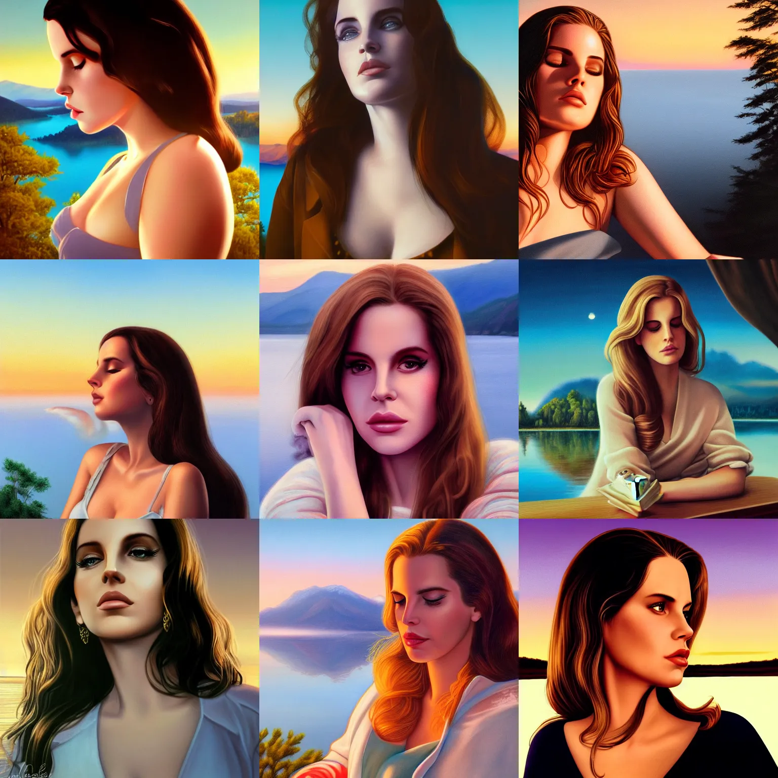 Prompt: close - up portrait of sleepy lana del rey, morning golden hour, steaming coffee, mystical lake view vista, mark brooks