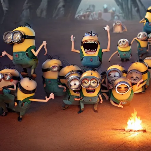 Prompt: POV of a group of minions sprinting toward you and trying to eat you. The minions are carrying torches and pitchforks. The minions are very angry. concept art, sharp lighting, 4k, detailed, Peter Jackson, Ridley Scott, bright colors