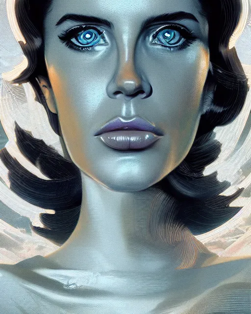 Prompt: portrait of Lana Del Rey as a cyborg. intricate abstract. intricate artwork. by Tooth Wu, wlop, beeple, dan mumford. dune by david lynch, octane render, trending on artstation, greg rutkowski very coherent symmetrical artwork. cinematic, hyper realism, high detail, octane render, 8k, iridescent accents