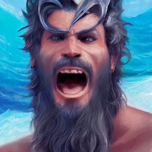 Prompt: portrait of proud and screaming Poseidon rising from the ocean, ready to fight, fantasy painting, artstation