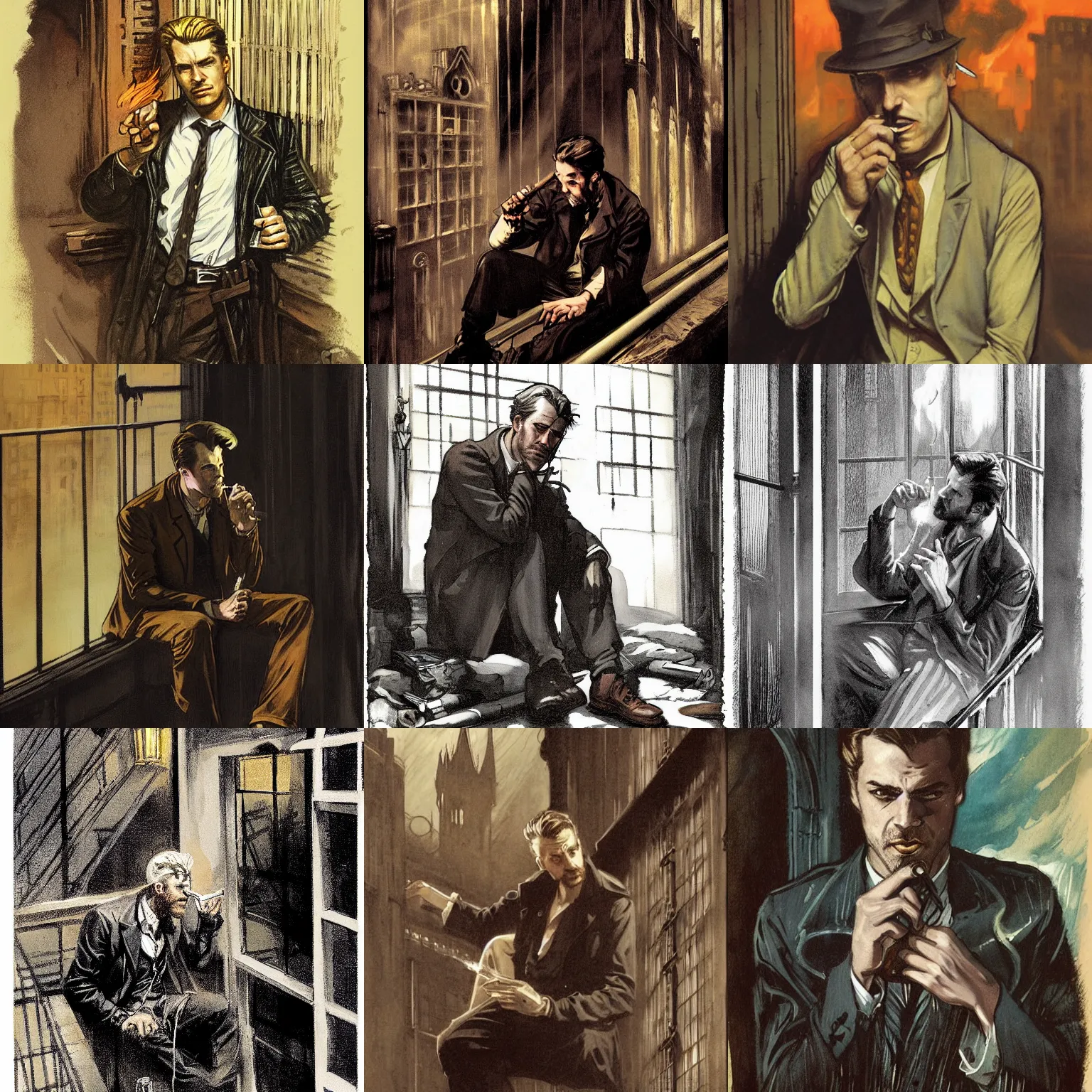 Prompt: character portrait of a rugged john constantine sitting down on a fire escape smoking a cigarette in gothic london, gothic, john singer sargent, muted colors, moody colors, illustration, digital illustration, amazing values, art by j. c. leyendecker, joseph christian leyendecker, graphic style, dramatic lighting, gothic lighting