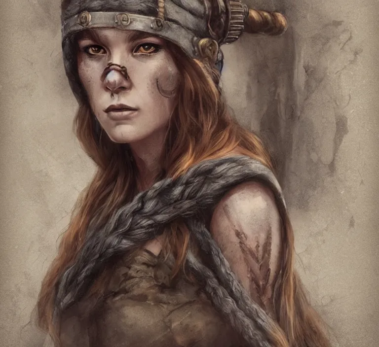 Prompt: a rugged female viking in the style of tom bagshaw