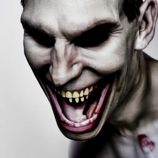Image similar to Jerma985 with a wide smile, sinister looking, evil intent, horror, uncanny, detailed, high resolution, sharpened, close-up, professional photography, studio lighting, hyperrealistic, real life