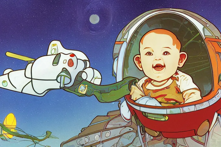 Image similar to a baby in a spaceship, very detailed, smooth render, illustration, art style by shigeru miyamoto and Alphonse Mucha