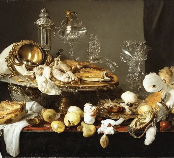 Prompt: still life by willem claesz heda, overturned ornate chalice, tiny fluffy white bunnies, surreal glass goblets, bread, olives, oysters, peeled lemons, linen, a house fly, silver platter, leftover meat pie,