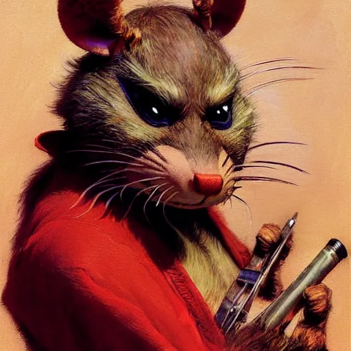 Image similar to a portrait of a furry splinter the rat from ninja turtles wearing a red kimono, hairy, furry body, furry arms, feet, tail. highly detailed painting by gaston bussiere, craig mullins, j. c. leyendecker, furry