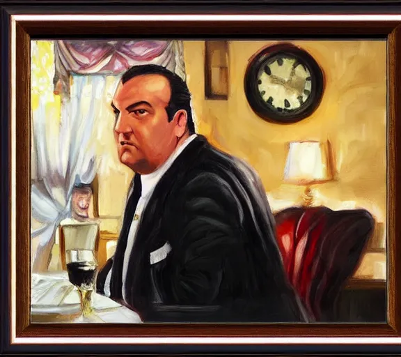 Image similar to framed portrait painting of tony soprano sitting at a mafia table