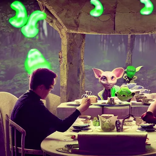 Prompt: green mice with yoda ears at a tea party, greg rutkowski and jason chan highly detailed cinematic lighting octane render unreal engine