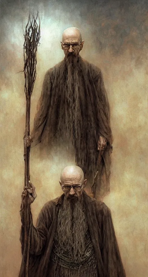 Image similar to Walter White as Saruman holding a staff by Esao Andrews and Karol Bak and Zdzislaw Beksinski