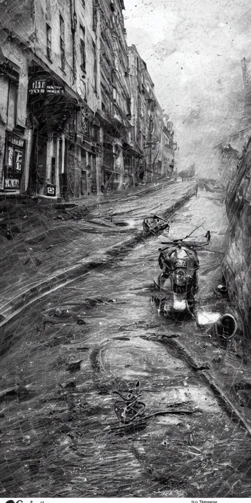 Image similar to dark streets of the diesel punk. Wet stone road. Dirty smoke, narrow streets. People in the gas masks. Gloomy place. Oil spills on the street. Deposing colors.