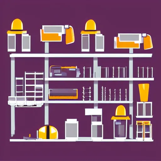 Prompt: cash register in foreground. shelves of hammers and screws and screwdrivers and hard hats in the background. vector art