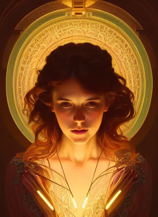 Image similar to symmetry!! portrait of a woman, cottagecore!!, glowing lights!! intricate, elegant, highly detailed, digital painting, artstation, concept art, smooth, sharp focus, illustration, art by artgerm and greg rutkowski and alphonse mucha