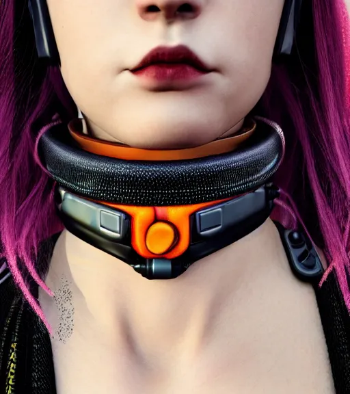 Image similar to detailed realistic female character cyberpunk wearing thick technological collar around neck, realistic, art, beautiful, 4K, collar, choker, collar around neck, punk, artstation, detailed, female, woman, choker, cyberpunk, neon, punk, collar, choker, collar around neck, thick collar, tight around neck, punk,