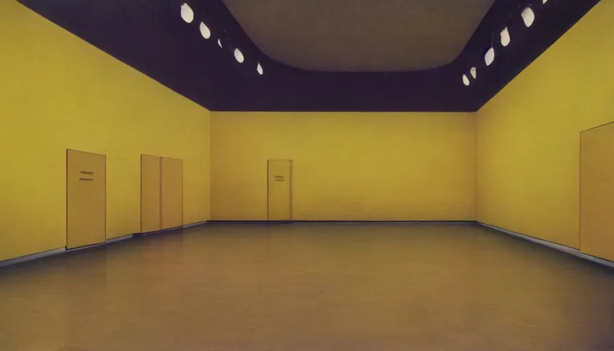 Prompt: 60s movie still of a sovietic stalinist style empty art museum with a soviet congress with yellow wall, by revolog color, liminal Space style, heavy grain