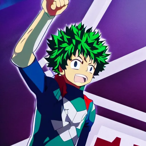 Prompt: Izuku Midoriya raising hands in victory