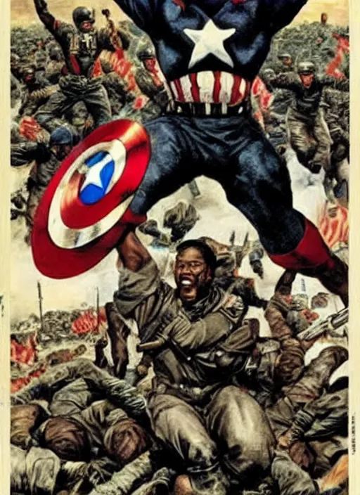 Prompt: black captain america standing on a pile of defeated german soldiers. black captain america wins wwii. american wwii propaganda poster by james gurney