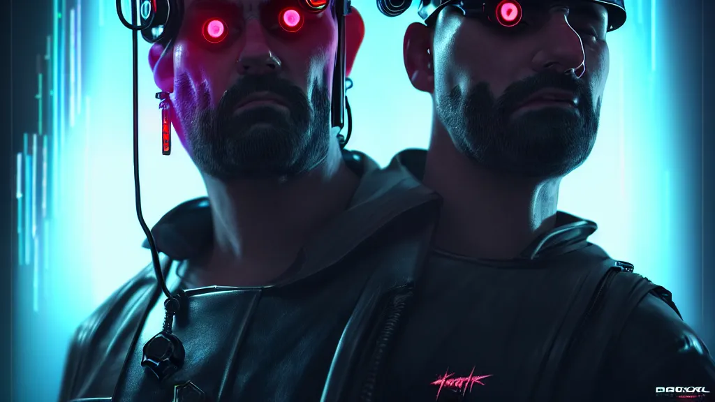 Image similar to Cyberpunk Benny the Bouncer, Tattoo on the neck, 4K symmetrical portrait, character concept art, hyper quality, future Doctrine, secret organization, 4k post-processing, moody lighting, rendered by octane engine