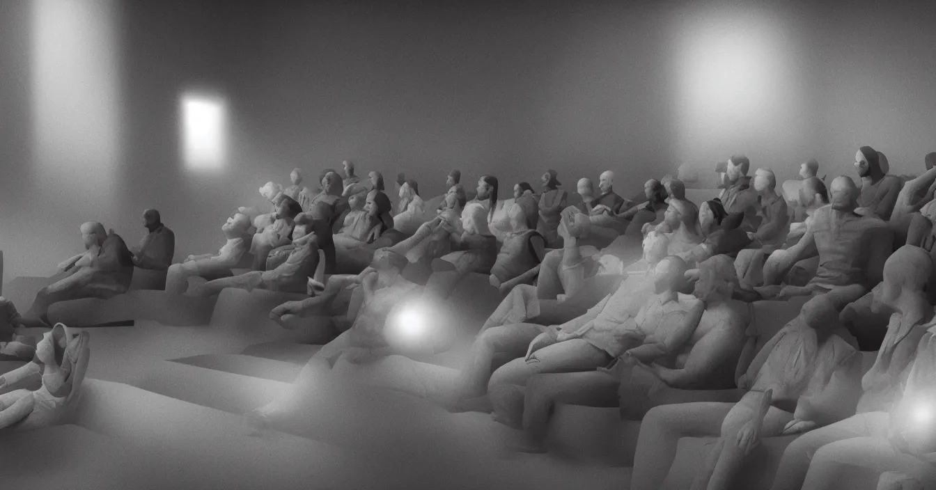 Image similar to human beings sit in the cinema and watch reflections of their lives on screen of life illusion, projecting by volumetric light of consciousness, realistic, deep sense of spirituality, visual plasticity, unreal engine quality, raytracing, vray shading, style of honore daumier